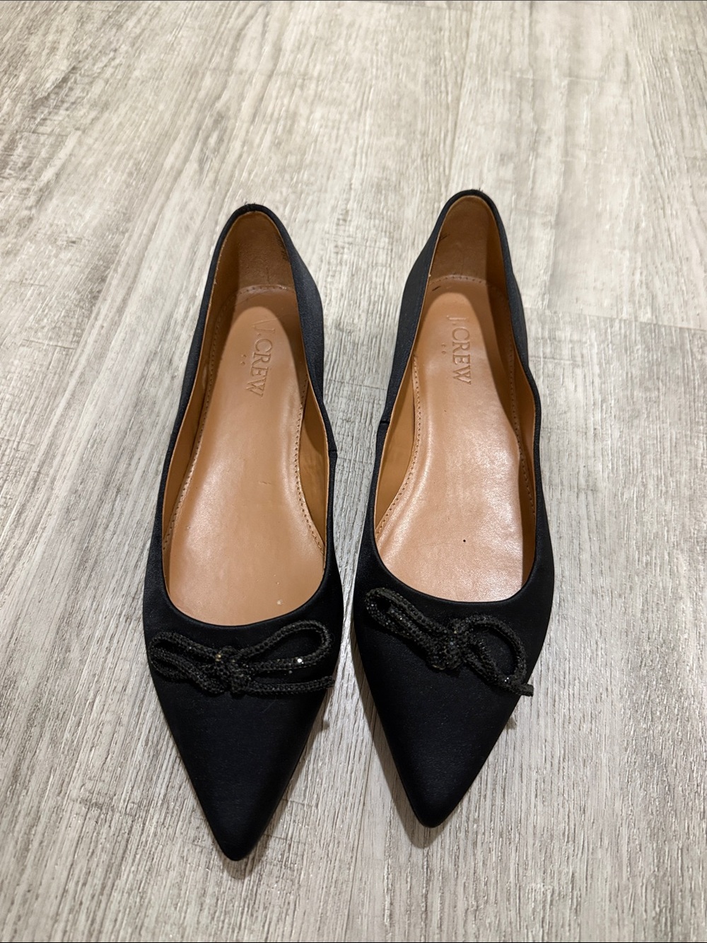 J. Crew Black Pointed Toe Satin Flats with Knotted Bow